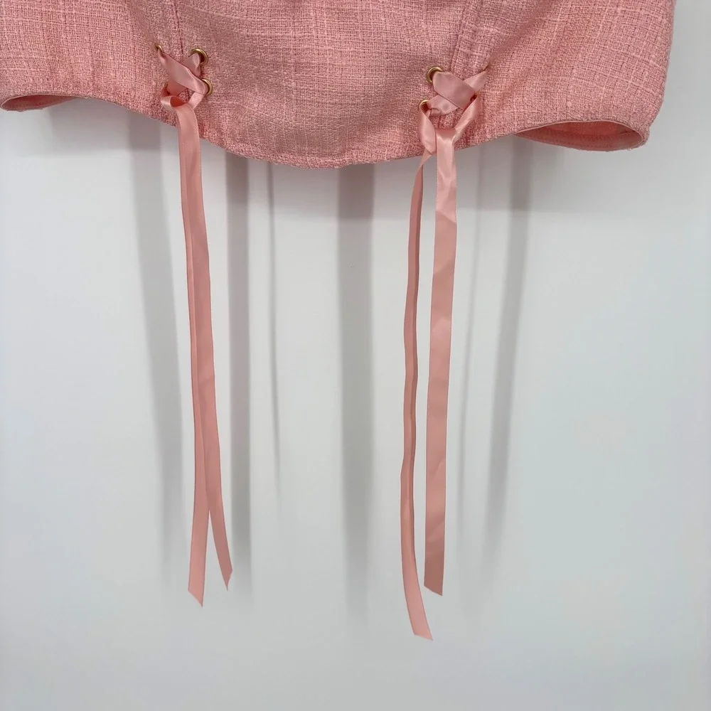 Anthropologie Tweed Corset Bustier Top Sz XL Pink Ribbons Feminine Sexy Romantic - Picture 9 of 14